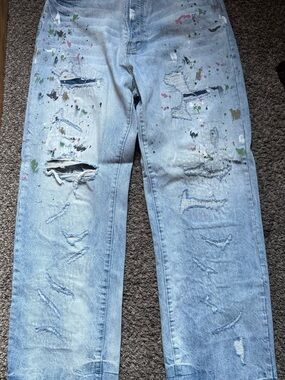 MNML Light Blue Distressed Paint-Splatter Jeans